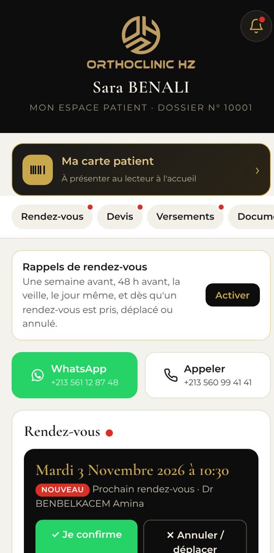 Aperçu de l'espace patient sur téléphone